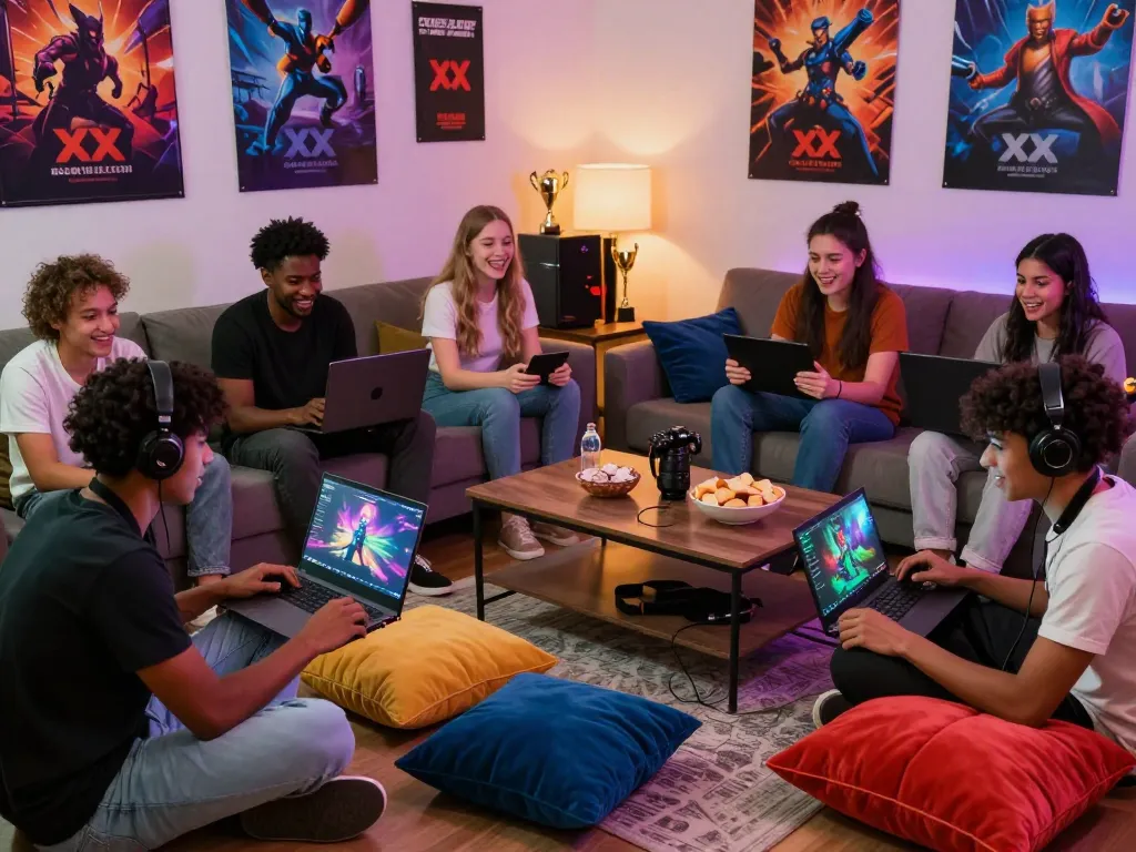 Engaged players enjoying xxx games in a cozy group setting.