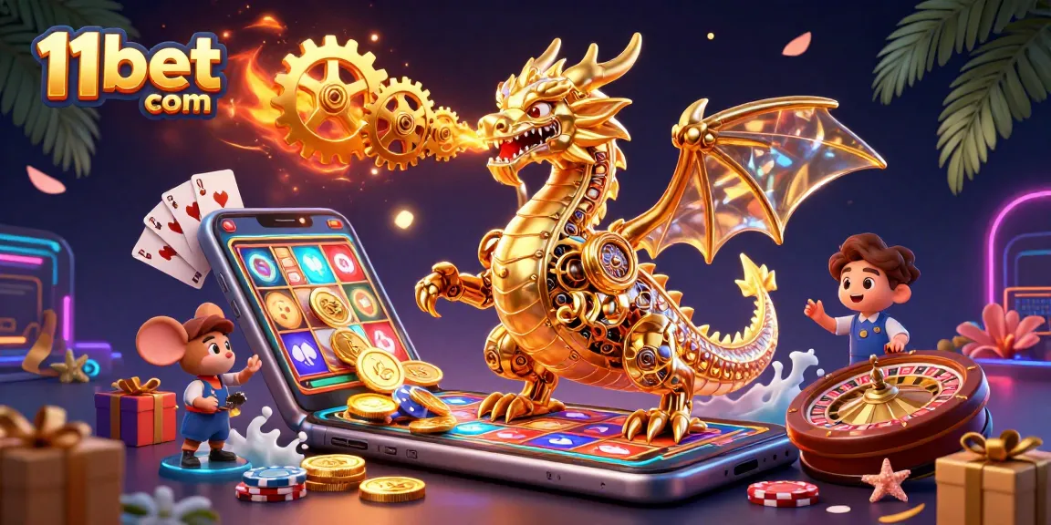 Experience the excitement of winning with 11bet com's vibrant casino games amidst a magical golden dragon scene.
