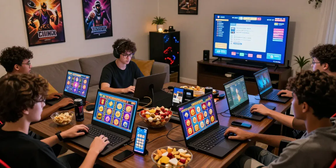Engaged players participating in slot gacor games in a vibrant living room setting, showcasing interactive gaming experience.