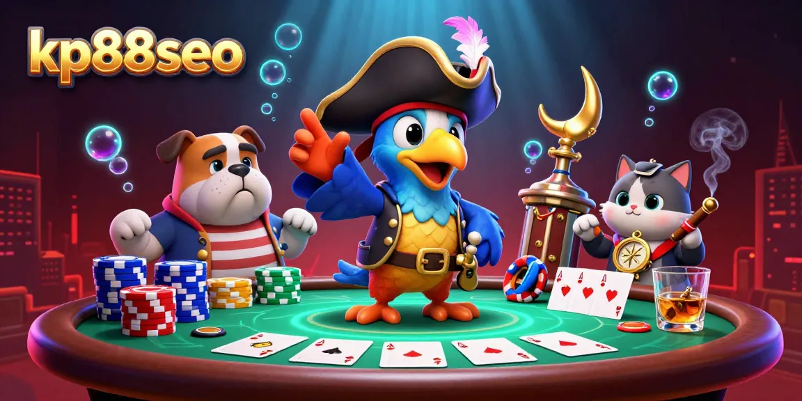 Join the exciting action at kp88seo with a vibrant poker scene featuring whimsical characters and colorful casino elements.