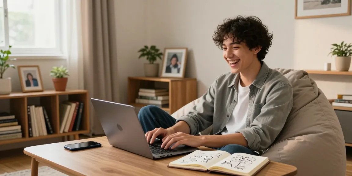 User enjoying a playful chat with an NSFW AI girlfriend in a cozy living room, highlighting modern digital interactions.