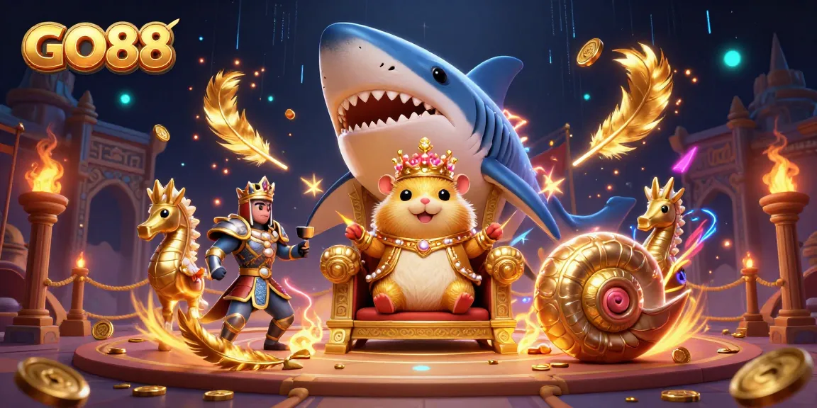 Win big with GO88 in this vibrant 3D cartoon casino scene featuring a hamster king and his royal seahorse guards.