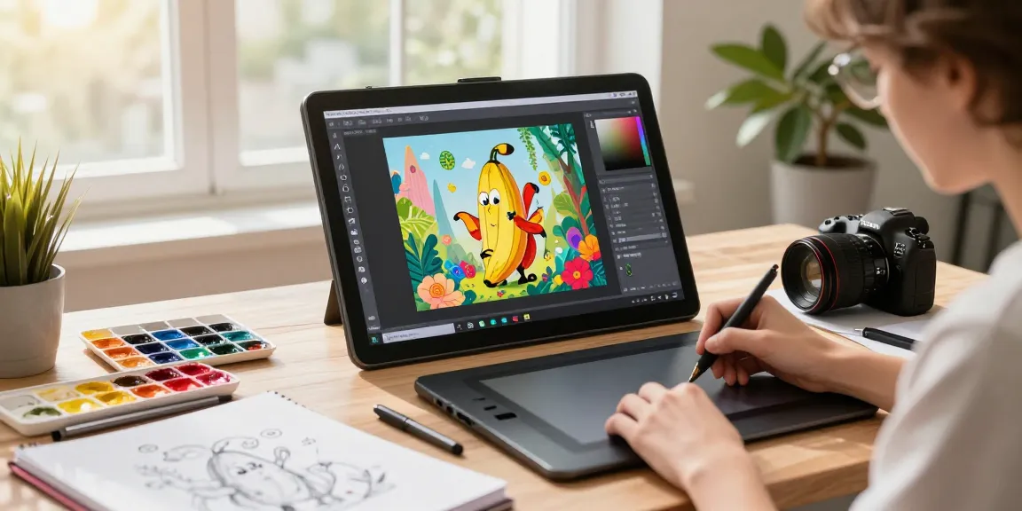 Artist using nano banana 2 to create AI-powered digital art in a bright studio.
