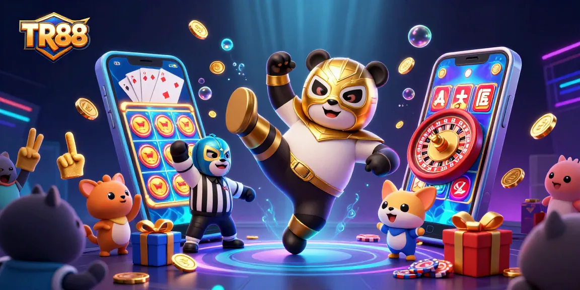 TR88 slot game chaos with professional wrestler panda and referee chihuahua in a lively casino setting.