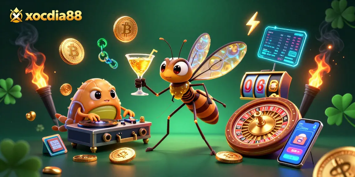 Xocdia88 showcases an energetic casino scene with vibrant characters, crypto elements, and rich gaming detail.