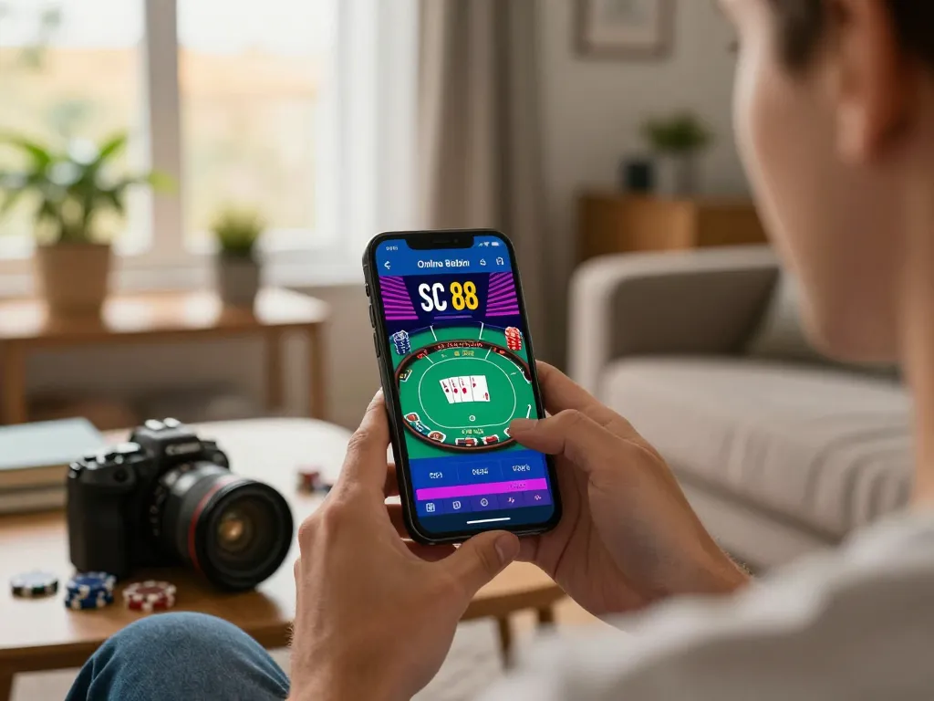 Player engaging with the SC 88 app for poker betting in a cozy home setting, showcasing strategic gameplay.