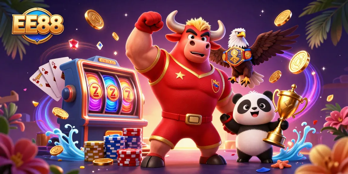 EE88 celebrates victory with a charismatic bull mascot, an eagle, and a panda amidst dazzling casino elements.