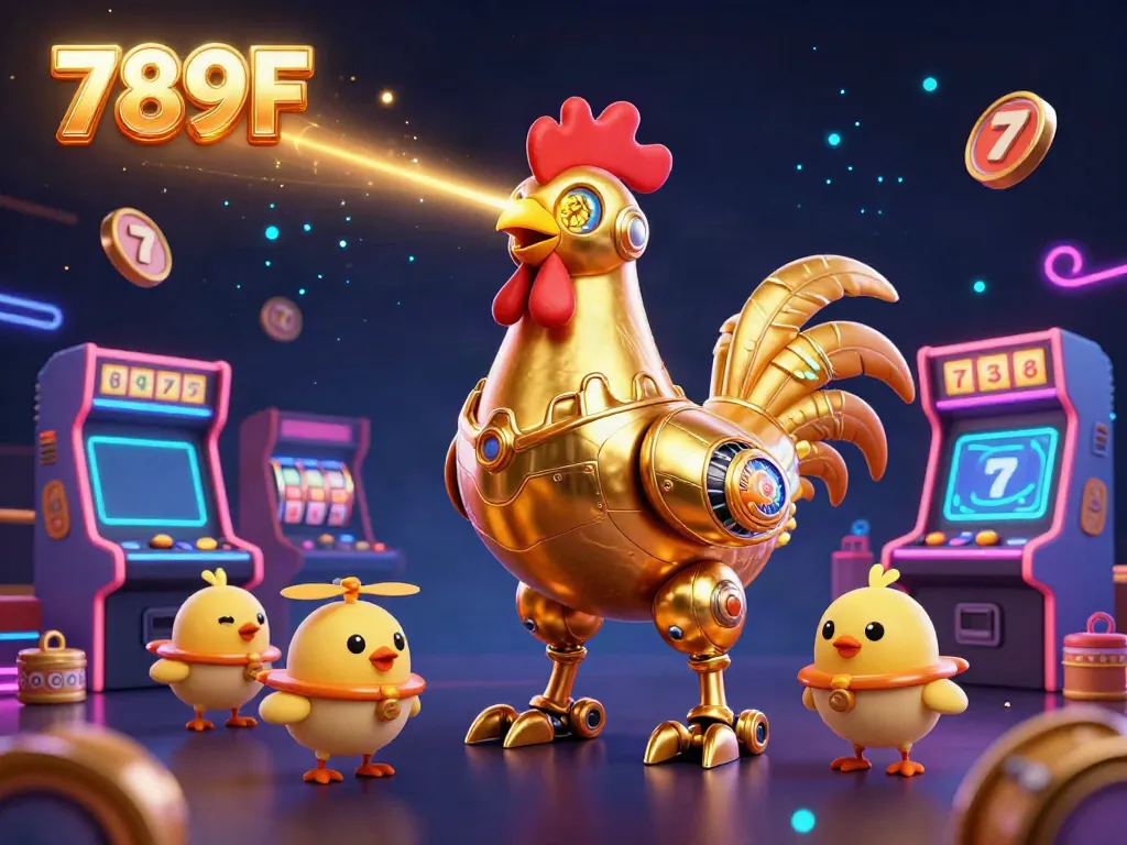 Engage in exciting gameplay at 789F with a golden rooster robot leading animated baby chick drones in a vibrant casino scene.