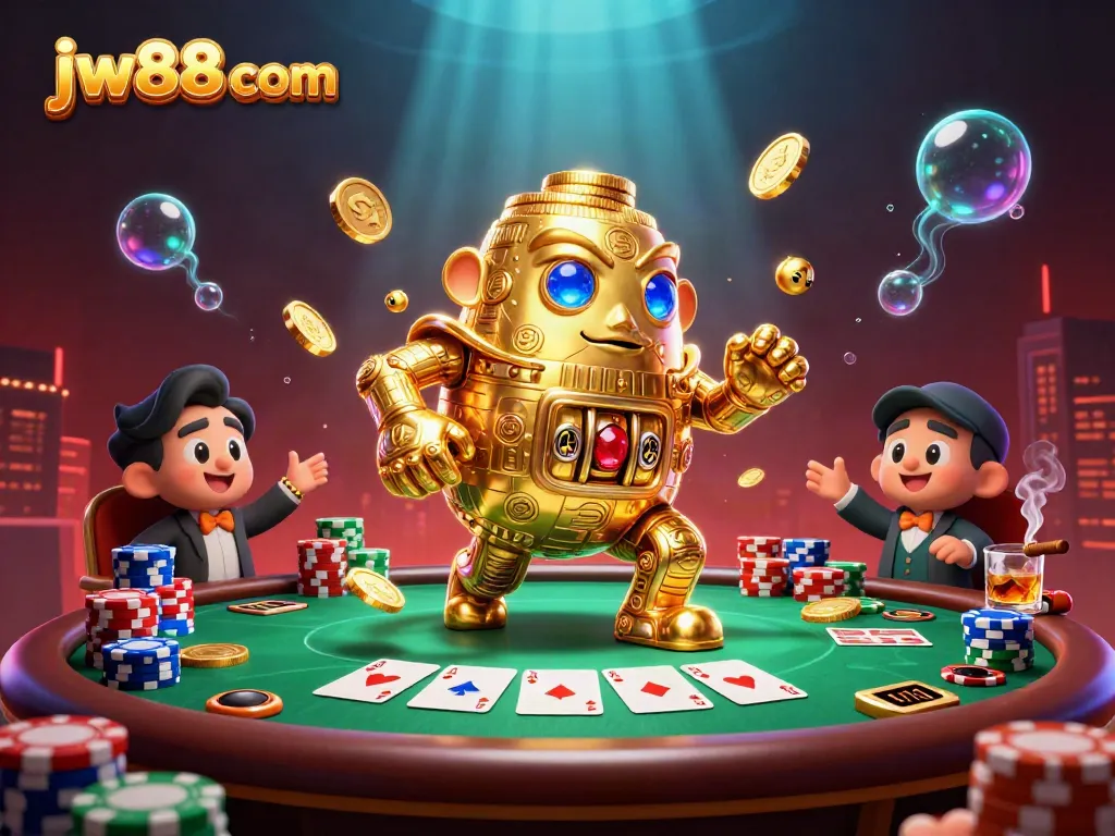 Engage in thrilling poker with jw88 com as ancient golem surrounded by vibrant casino elements.