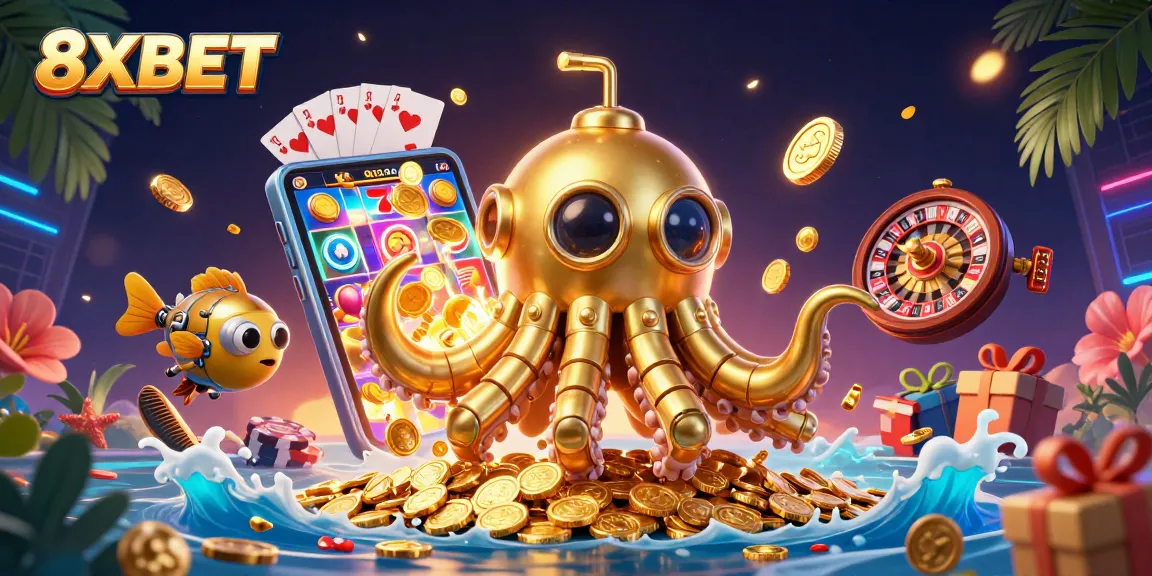 Engage with 8XBET's vibrant 3D casino adventure featuring a kraken hybrid amidst gaming excitement.