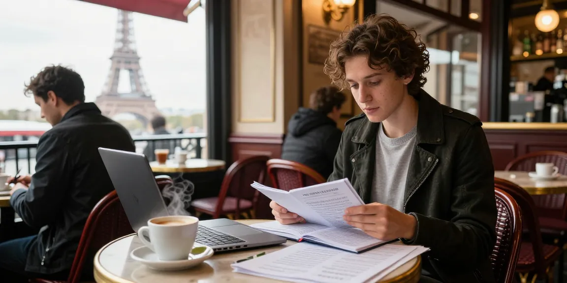 Estudiante entusiasta disfrutando de Cursos de Francés en Francia en un café parisino mientras estudia.