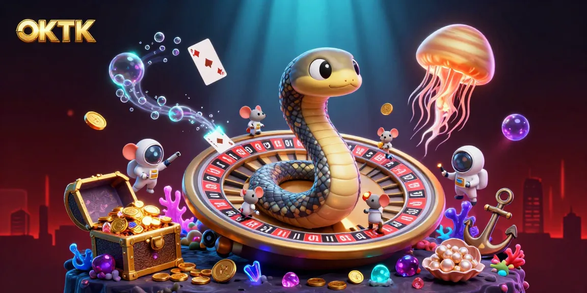 Experience cosmic gaming fun with OKTK's vibrant space casino illustration showcasing unique characters and elements.