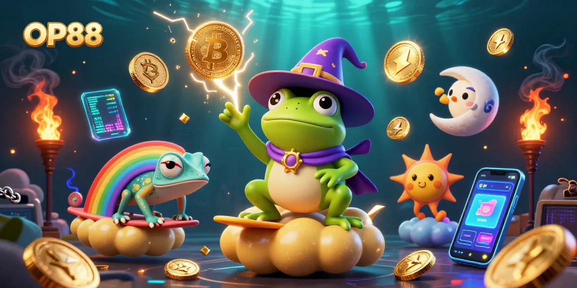 Experience the excitement of OP88 as characters create a storm of coins amidst vivid casino elements.