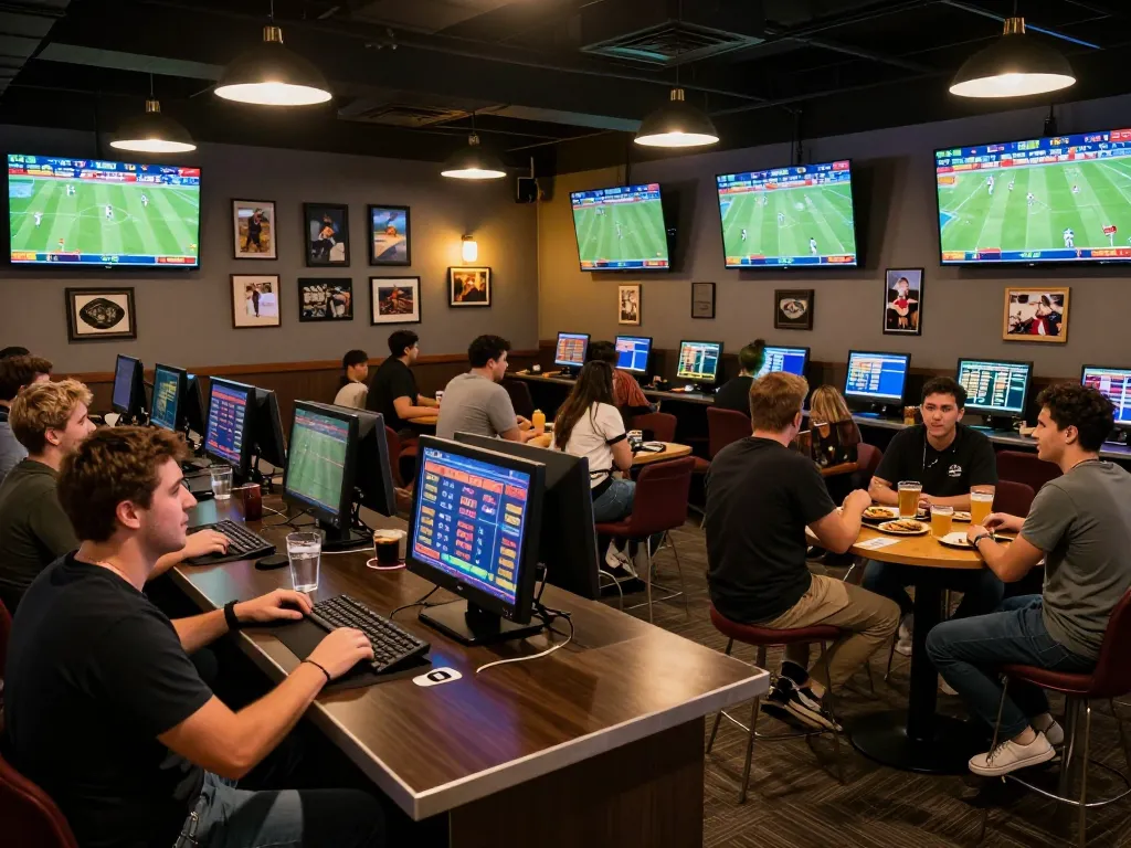 Bet on บ้านผลบอล7m with excitement in a vibrant sports betting lounge showcasing live matches and interactive screens