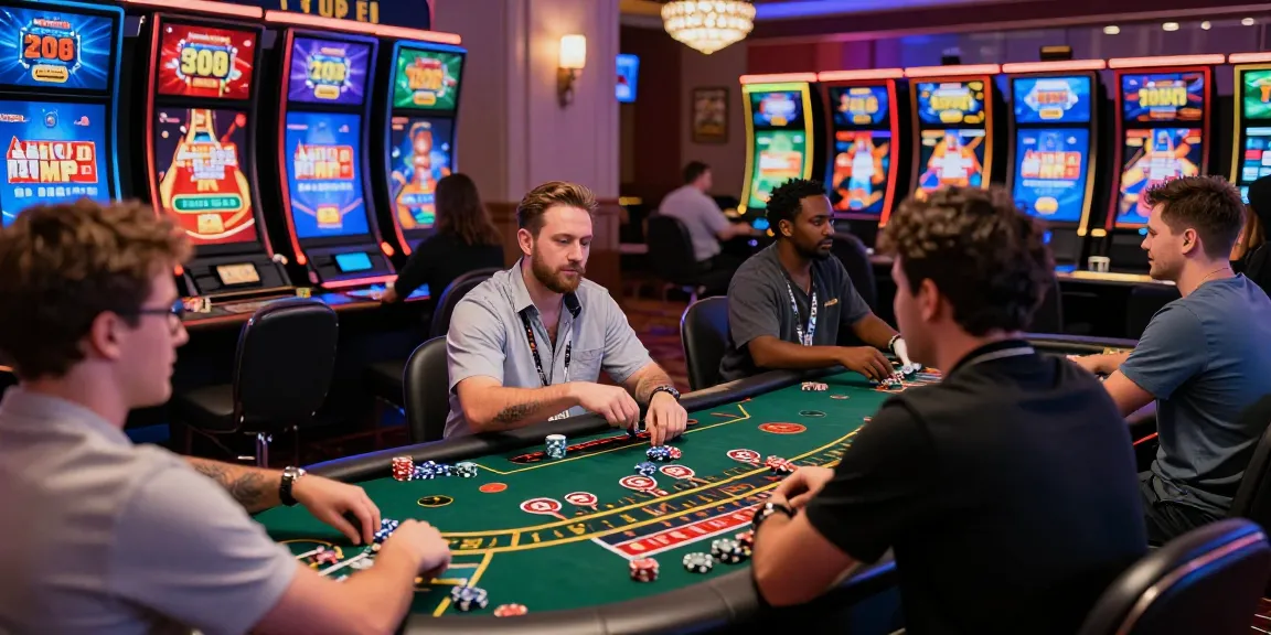 Engaging non UK casino scene with players at live dealer tables enjoying various games and promotions in a vibrant atmosphere.