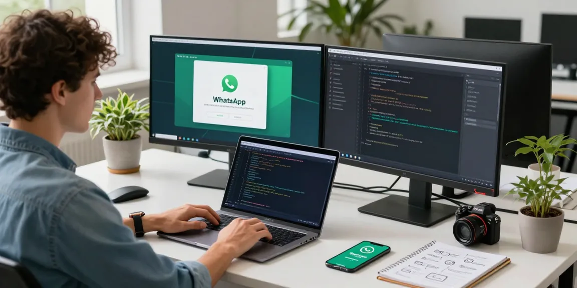 WhatsApp下載 on developer's dual monitors in a modern workspace.