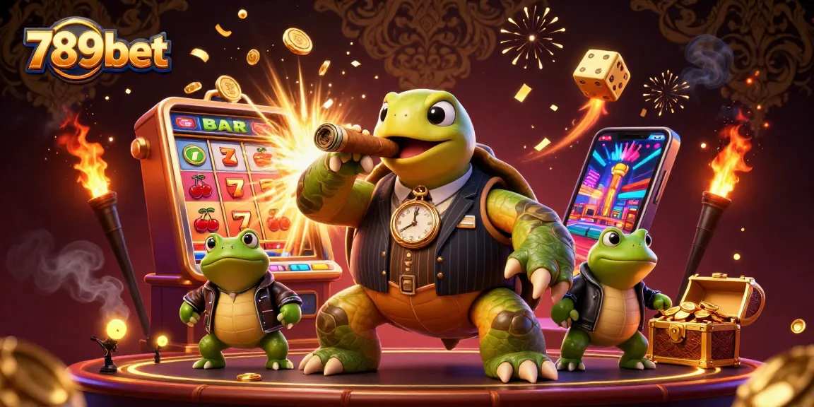 Experience the excitement of 789bet with a vibrant illustration of a gambling scene featuring a turtle in a suit and a jackpot explosion.