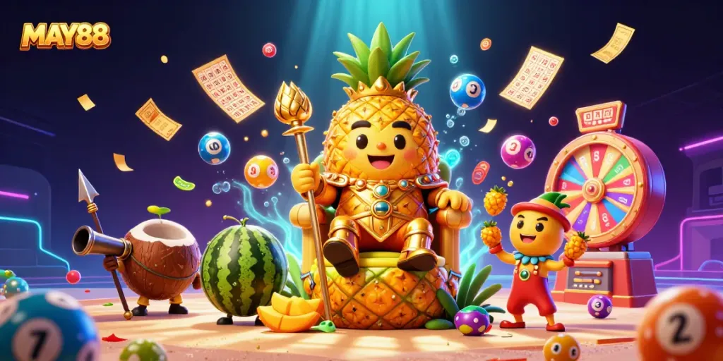 MAY88 brings excitement with the golden pineapple king and vibrant casino elements in a dynamic scene.