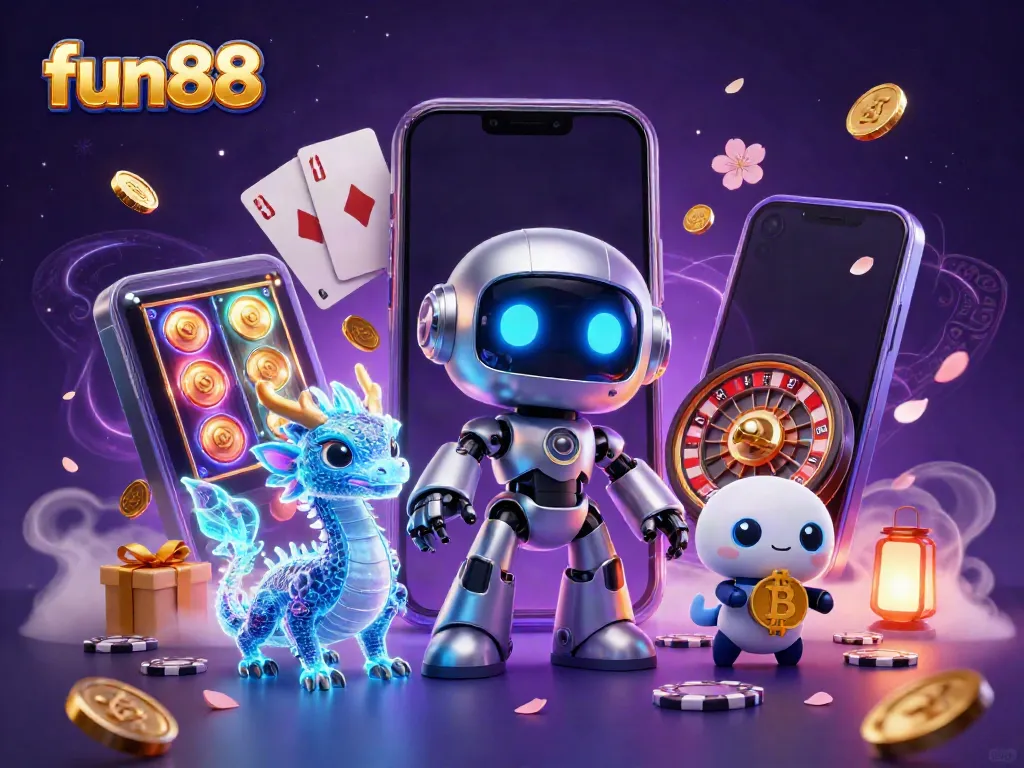 Experience the excitement at fun88 with a vibrant 3D casino scene featuring a cyberpunk robot and a bitcoin drone.