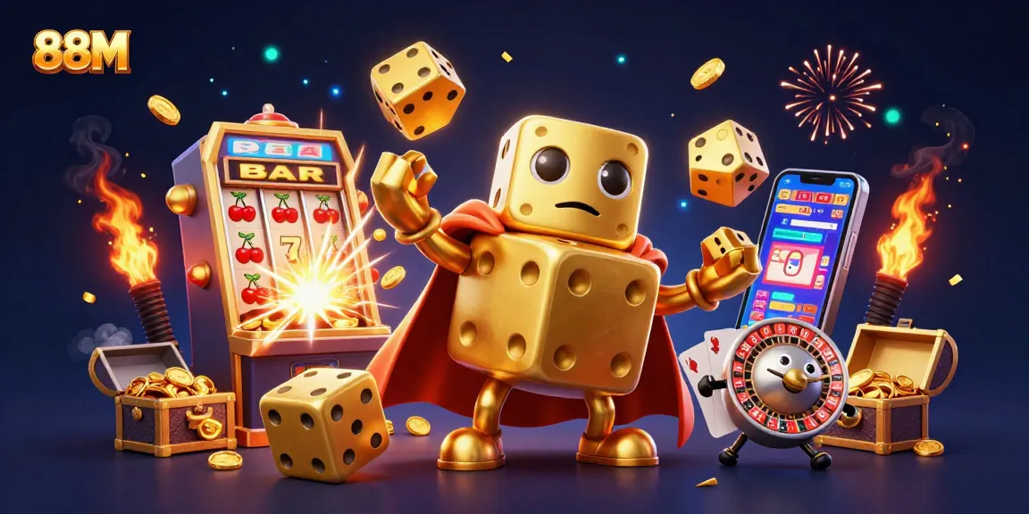 88M gaming experience enhanced with a golden dice golem, vibrant slot machine action, jackpot explosion