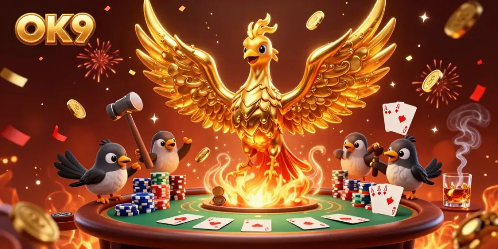 Experience the thrill of gaming at OK9 with a molten gold phoenix emerging from the forge.