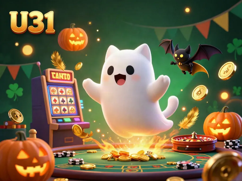 Play thrilling U31 slots and casino games surrounded by a spectral cat in a haunted scene.