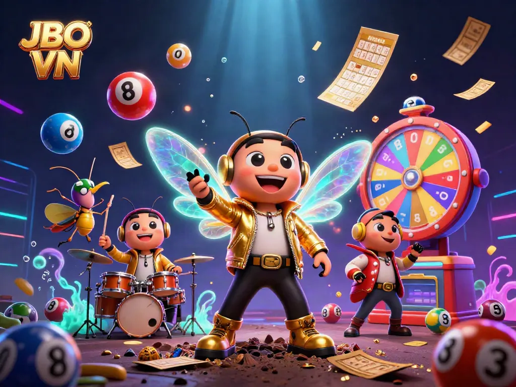 Experience thrilling wins at JBO VN with vibrant lottery balls and energetic characters in a dynamic casino scene.