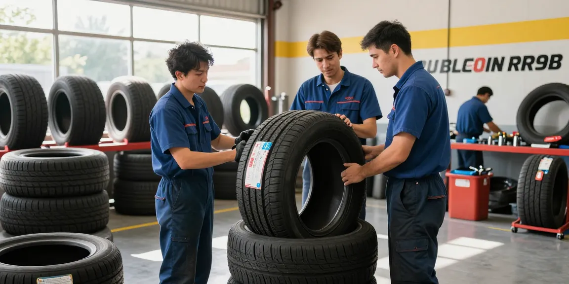 Technicians inspecting Double Coin RR99 tires in a vibrant workshop setting.