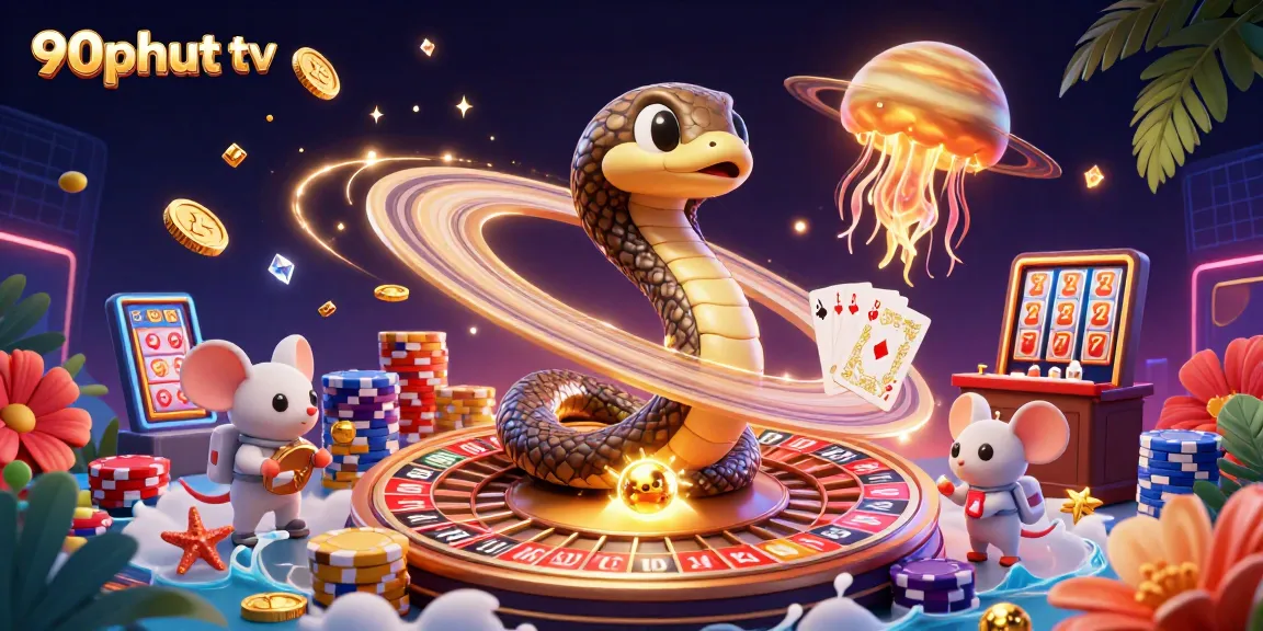 Experience thrilling bets with 90phut tv on a cosmic casino scene featuring a roulette wheel and vibrant characters.