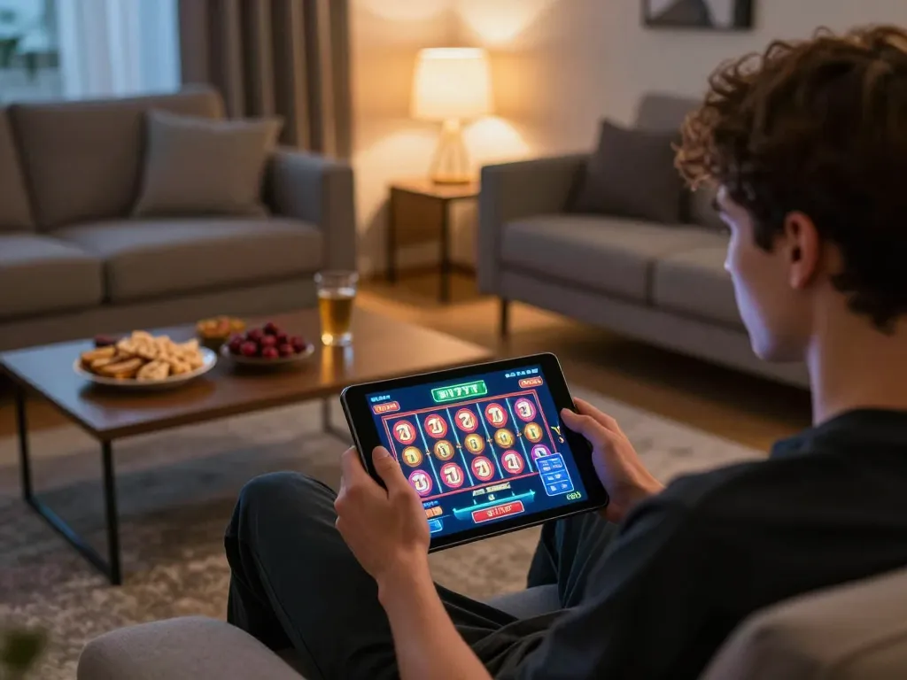 Player engaging with exciting slot777 gameplay on a tablet in a cozy living room ambiance.
