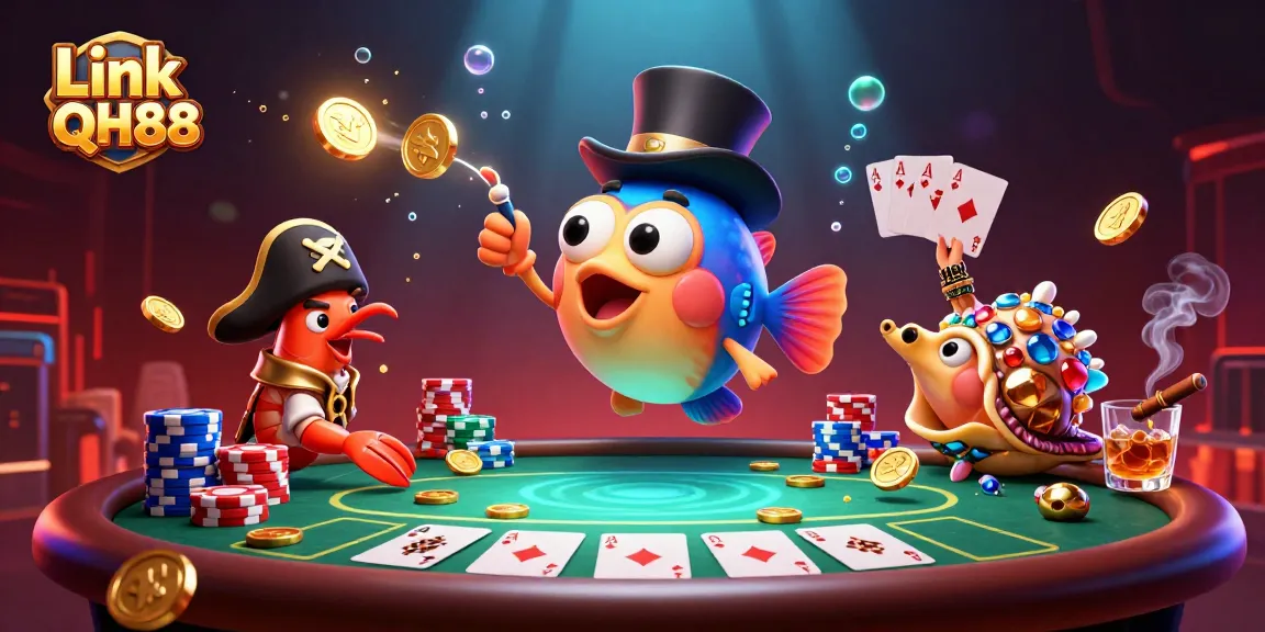 Link QH88 captures the thrill of winning with colorful poker elements and energetic sea creatures.