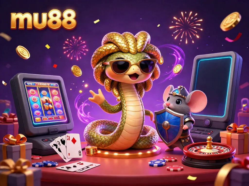 Engage with mu88's exciting casino gaming through our vibrant illustrated scene featuring slot games, golden coins, and friendly characters.