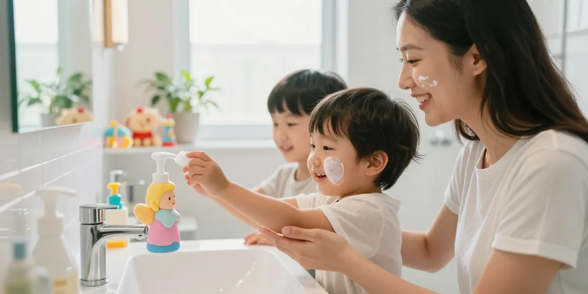 Parent and child happily applying barrier skincare together, enhancing their skin health while promoting สมัครเว็บสล็อต.