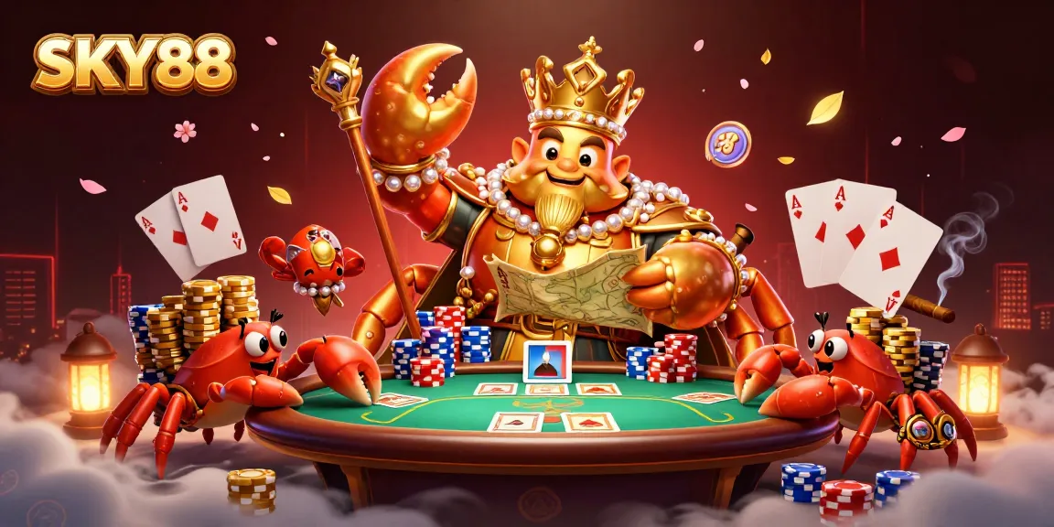 SKY88 captures high-stakes gambling action with a golden crab emperor overseeing poker tables and treasure-filled gameplay.