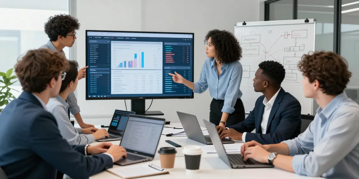 Team analyzing financial crime intelligence in a modern office setting, showcasing analytical discussions and data visualization.