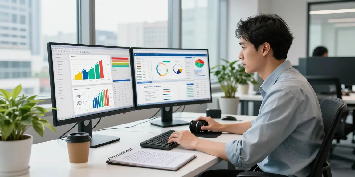 Data scientist analyzing metrics on multiple screens at https://factors.org.uk in a modern office setting.