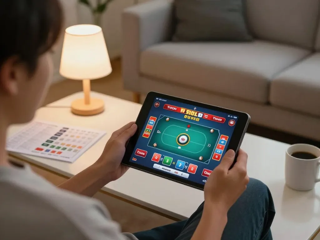 Engaged in a thrilling togel online game using a tablet from a cozy home setting