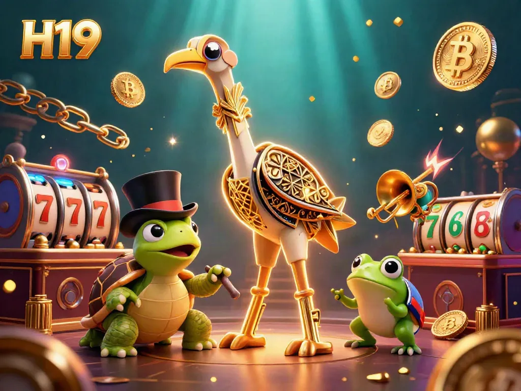 Engage in thrilling slot games at H19 with unique characters in a vibrant casino scene.