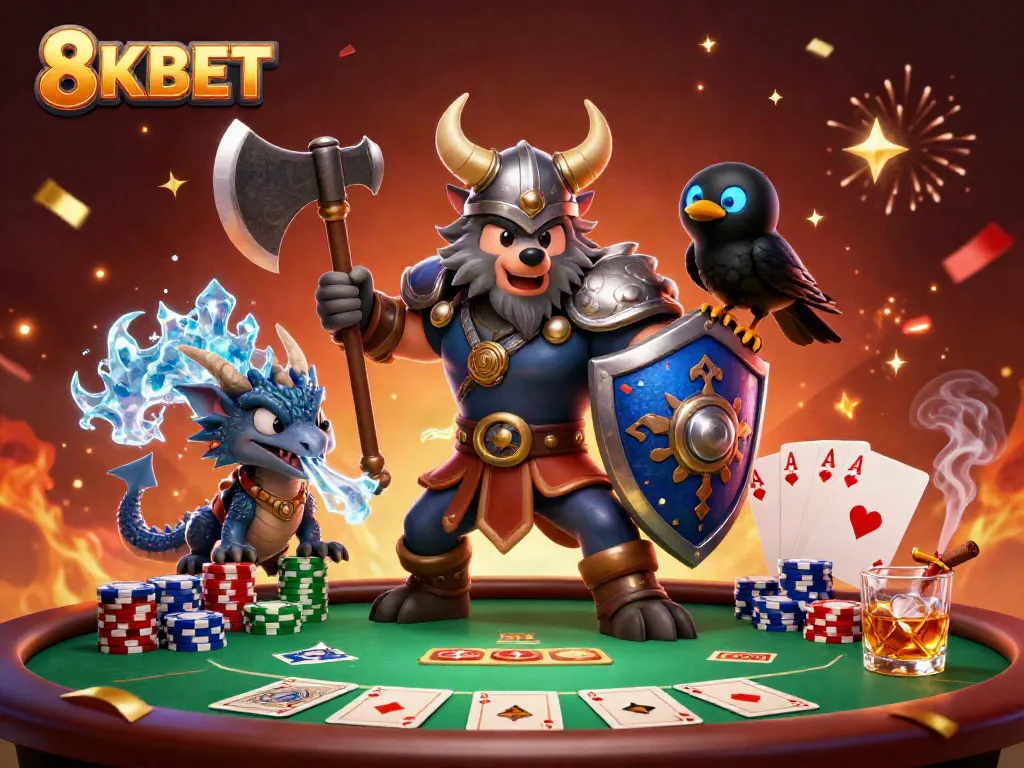 Experience thrilling gameplay at 8KBET with Viking warriors and vibrant poker elements in this dynamic scene.