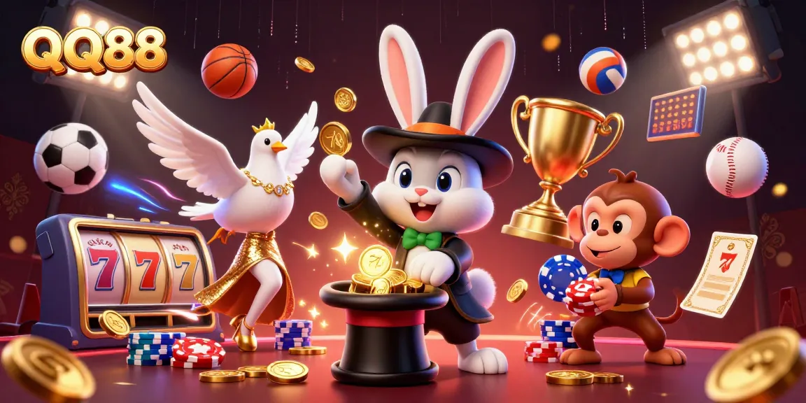 Experience QQ88's excitement in this vibrant 3D illustrated casino scene with a magician rabbit and sports action.