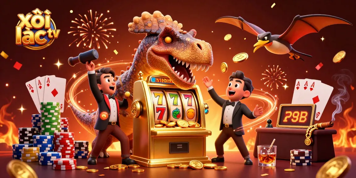 Xôi lạc tv showcases a pachycephalosaurus winning at slots in a vibrant casino scene.