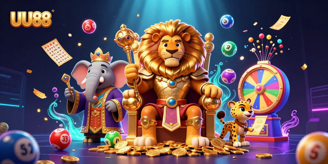Experience the thrilling UU88 lottery scene featuring vibrant elements and regal characters in an exciting casino atmosphere.