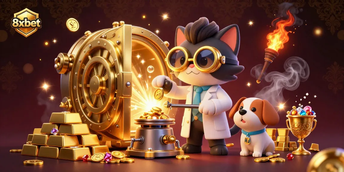 Engage in thrilling gameplay with 8xbet as the mad scientist cat and loyal dog create wealth in a vibrant casino atmosphere.