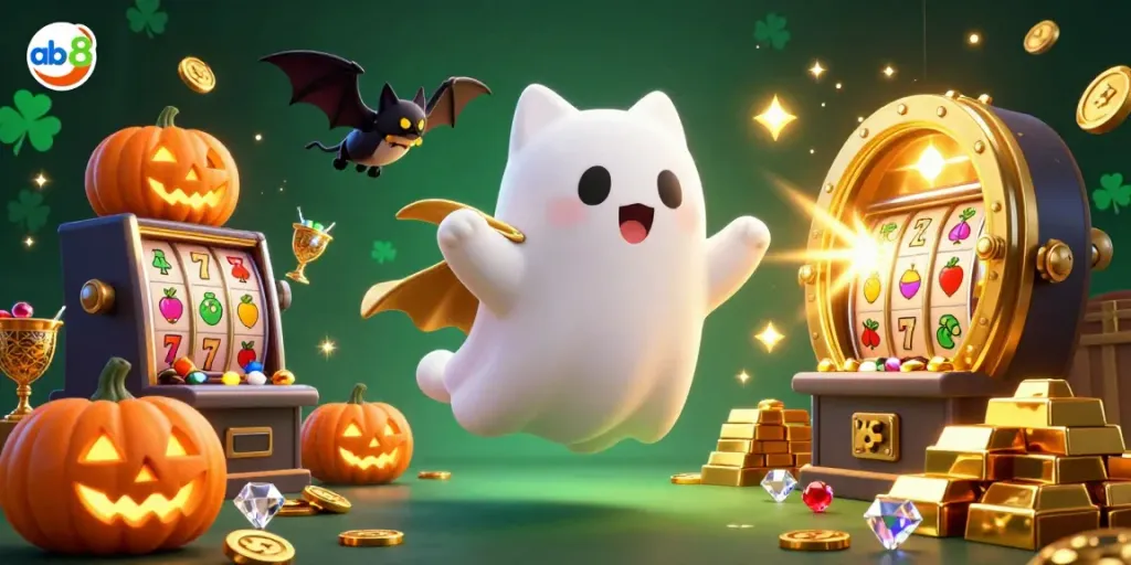 Engage with the vibrant world of abc8, where a ghost cat and bat explore a haunted casino filled with gold and jackpots.