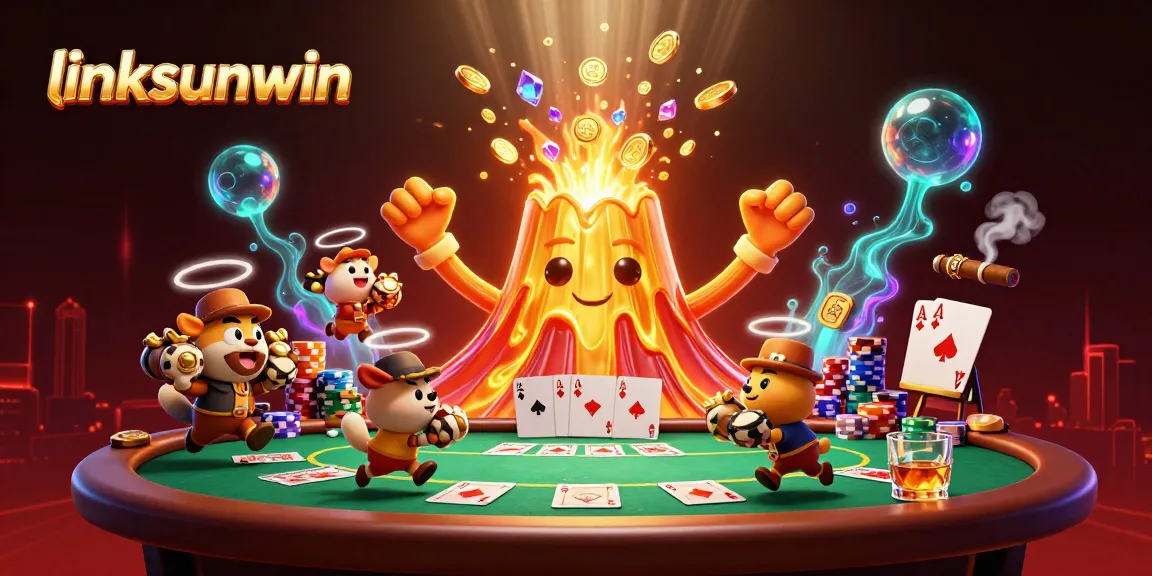 Join the fun at linksunwin as a golden volcano erupts treasures amidst a vibrant casino scene.