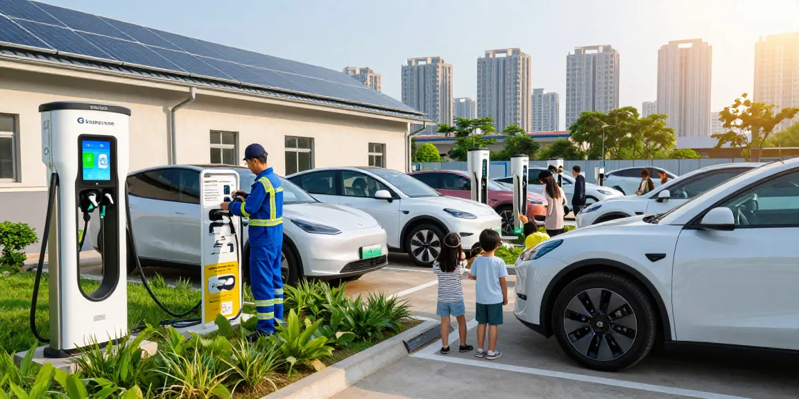 Dc fast charger manufacturer showcasing efficient urban EV charging solutions amidst a vibrant city, emphasizing technology and sustainability.