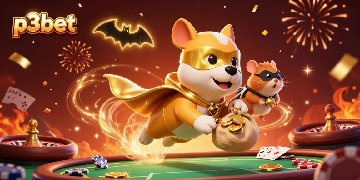 P3BET showcases a vibrant casino-themed scene with a superhero dog and coins, emphasizing fun and adventure.