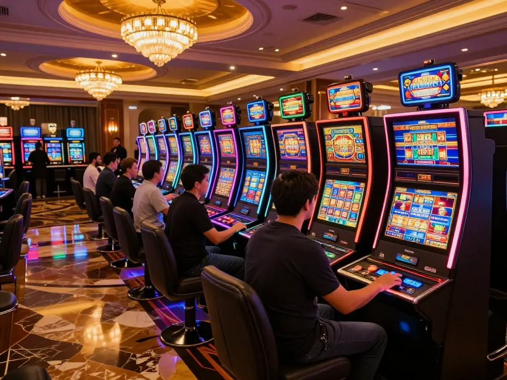 Players enjoying vibrant Pragmatic Slot machines in an upscale casino atmosphere with engaging lighting.