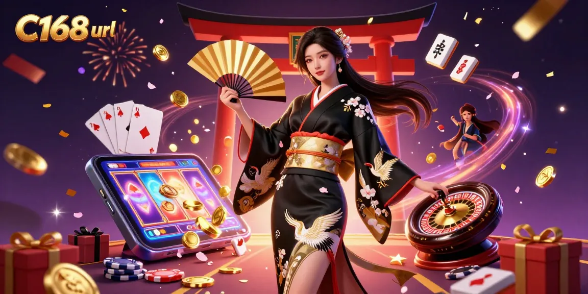Experience excitement at C168 url with vibrant casino elements and a stunning Asian character in a festive atmosphere.