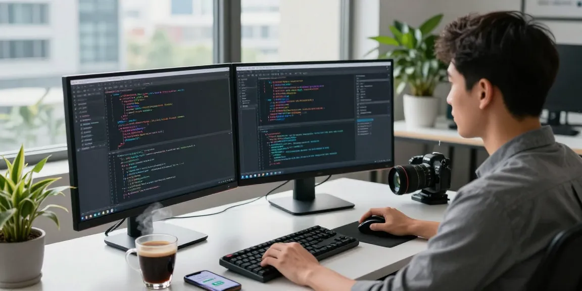 Innovative workspace of a programmer coding with dual monitors, showcasing 纸飞机官网 technology in a vibrant environment.